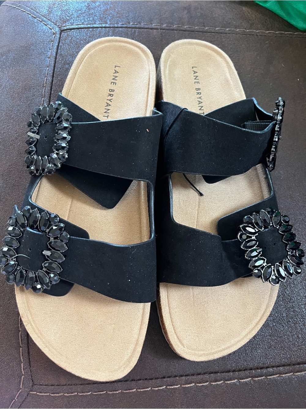 Lane Bryant Black Jeweled Double-Strap Slide Sandals